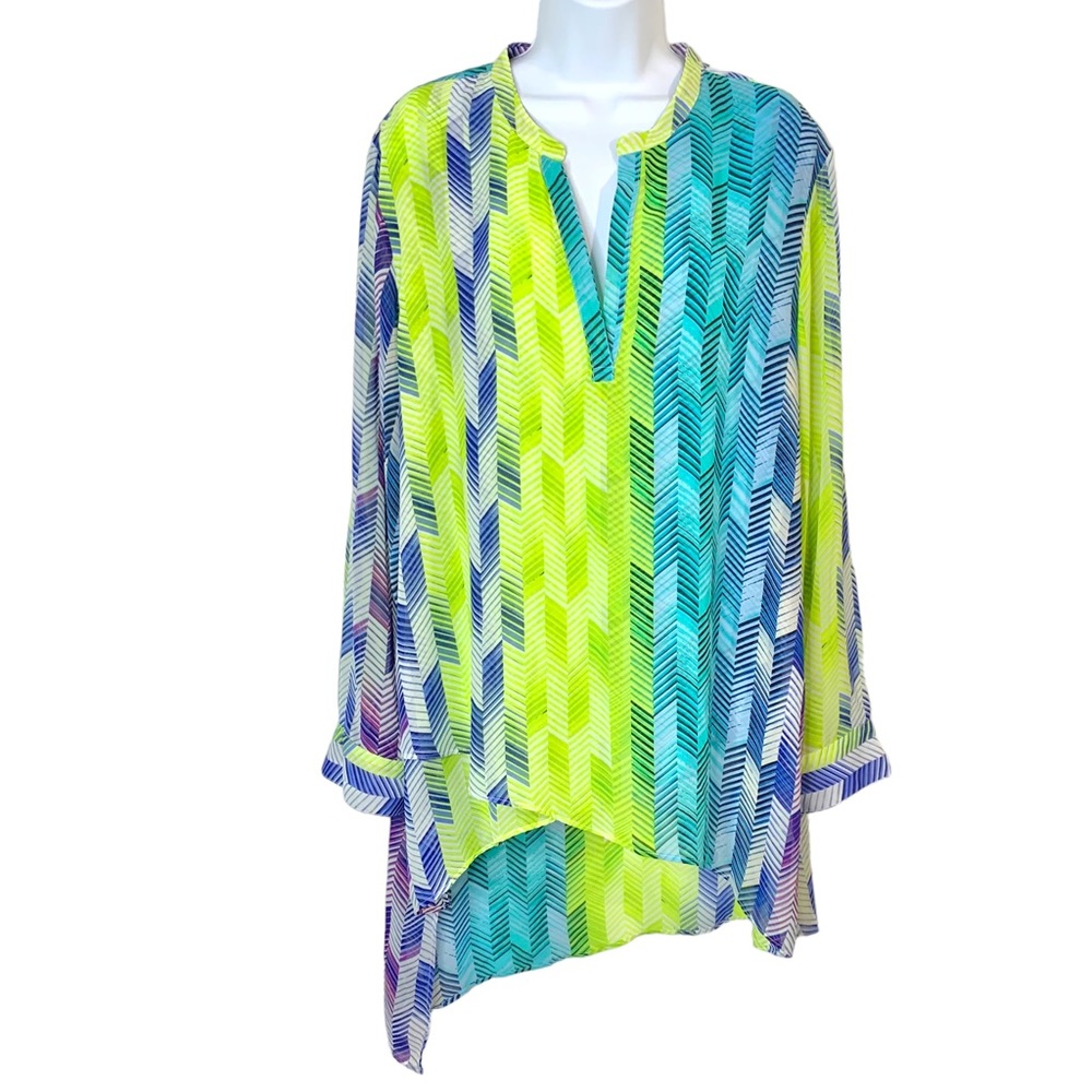 PECK & PECK Bright Asymmetrical Hem Geometric Long Sleeve Tunic Sz XL